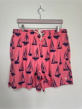 Sol Borne Pink Sailboat Swim Trunks Size Large Lined Beach Shorts